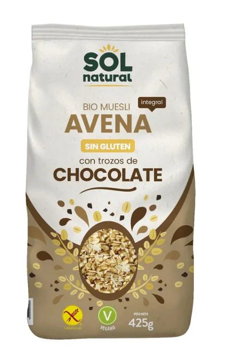 [G-BIO-017] Muesli de Avena con Trozos de Chocolate SinGluten Bio Vegan 425g Solnatural